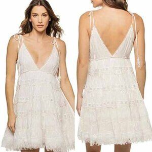Rococo Sand Fil Coupe Tiered Eyelets Metallic Lace Mini Dress White Size: XS